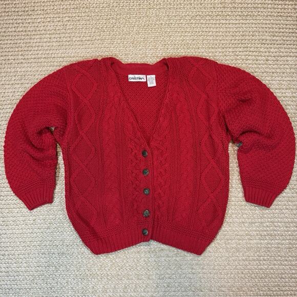 cristina Sweaters - Vintage Cristina Red Cable Knit Cardigan Sweater Metal Buttons Size S Y2K